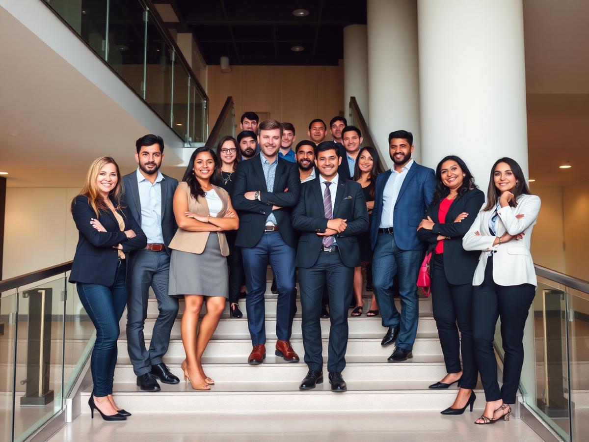 Confident business people standing on a staircase in an office